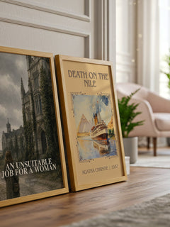 An Unsuitable Job for a Woman watercolour print framed by window – literary home decor