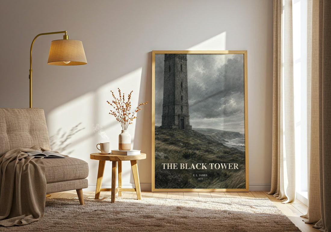 The Black Tower watercolour print in frame leaning in hallway – mystery wall art (mockup)