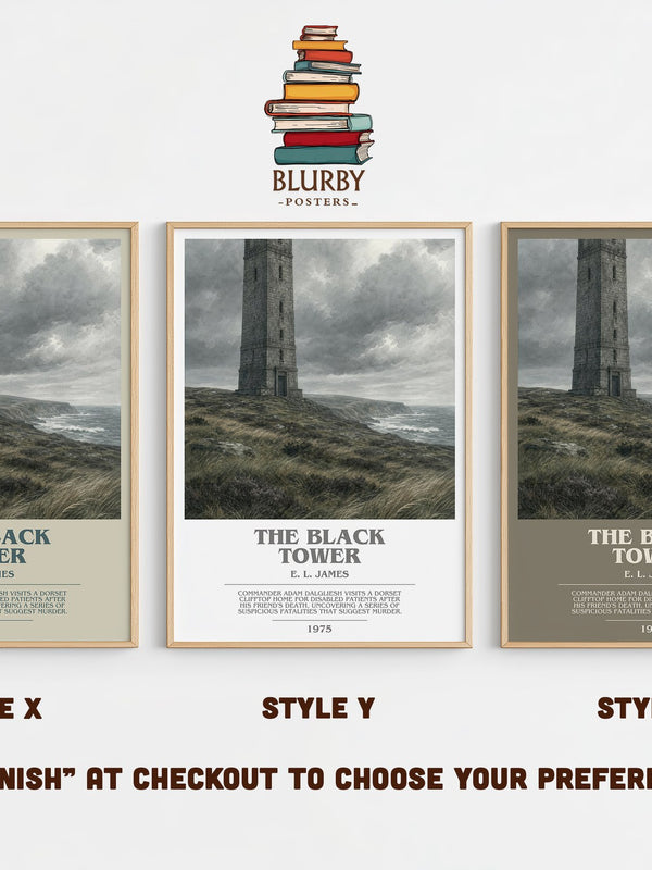 The Black Tower bookish print in frame leaning in hallway – mystery wall art