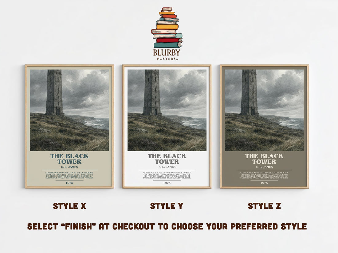 The Black Tower bookish print in frame leaning in hallway – mystery wall art (mockup)