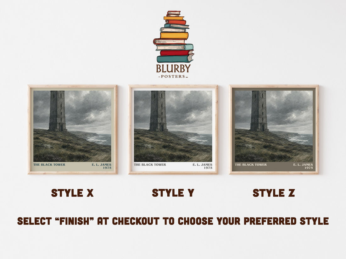 The Black Tower literary print in frame leaning in hallway – mystery wall art (mockup)