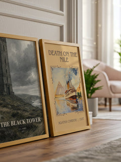 The Black Tower watercolour print framed by window – literary home decor