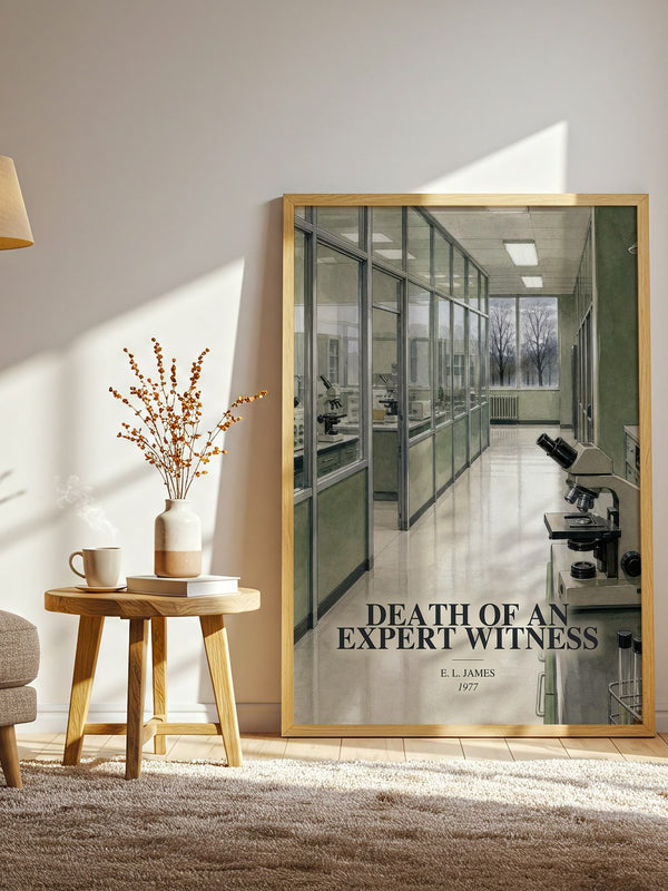 Death of an Expert Witness watercolour print in frame leaning in hallway – crime wall art