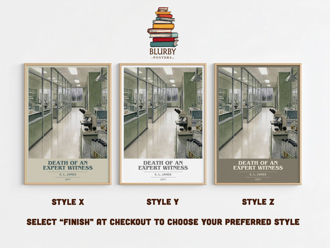 Death of an Expert Witness book cover print in frame leaning in hallway – crime wall art (mockup)