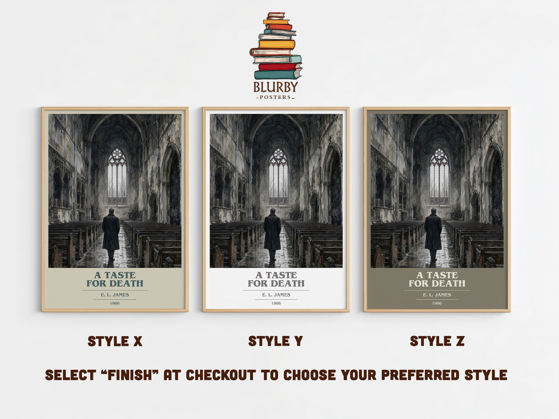 A Taste for Death book cover print in frame leaning in hallway – mystery wall art (mockup)
