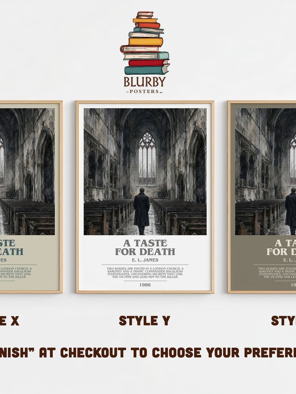 A Taste for Death bookish print in frame leaning in hallway – mystery wall art