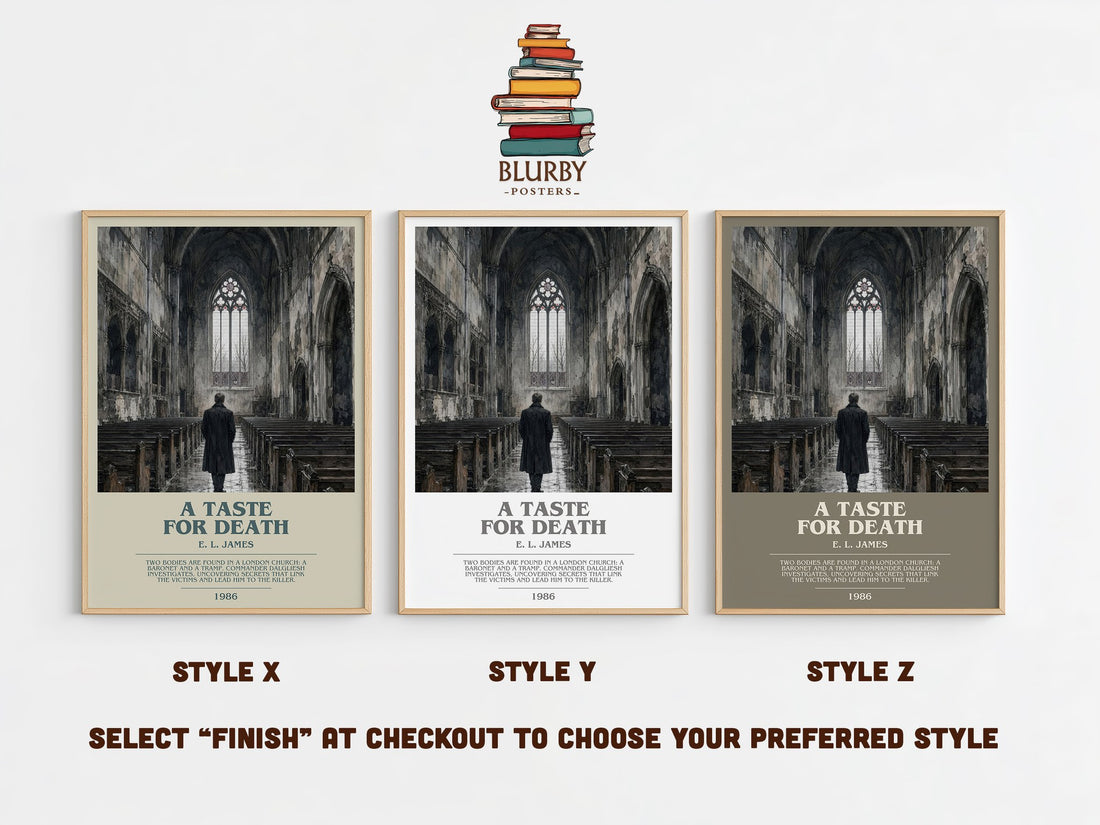 A Taste for Death bookish print in frame leaning in hallway – mystery wall art (mockup)