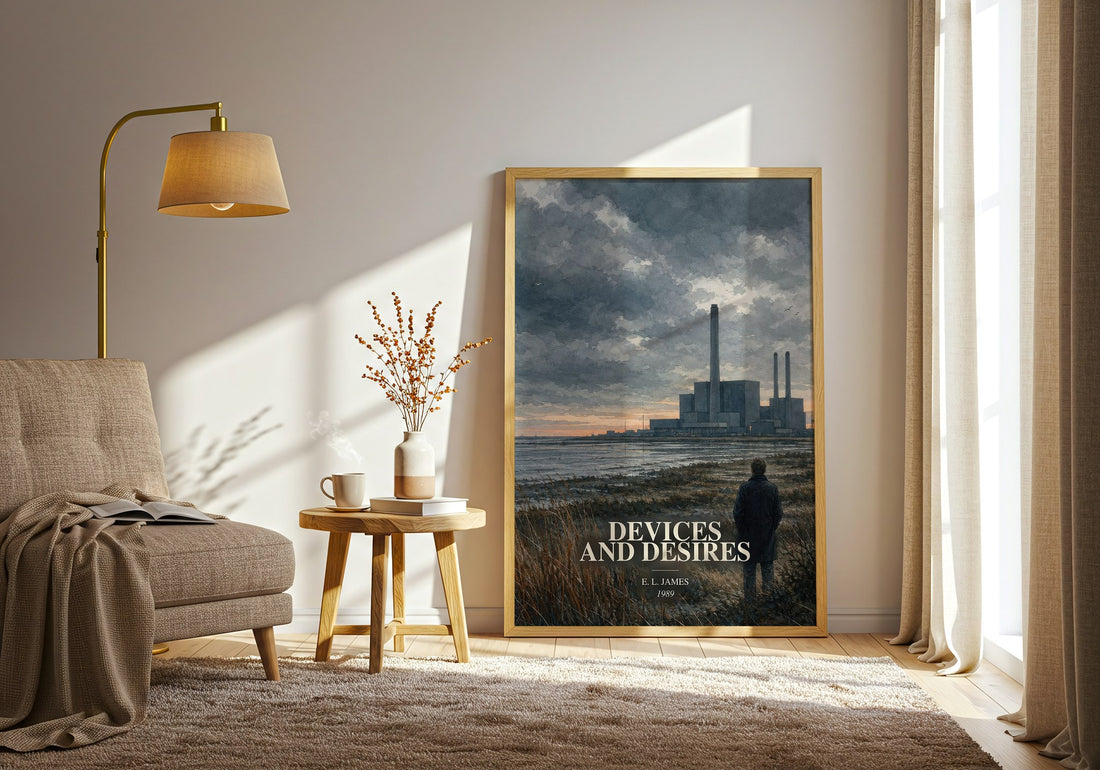 Devices and Desires watercolour print in frame leaning in hallway – mystery wall art (mockup)