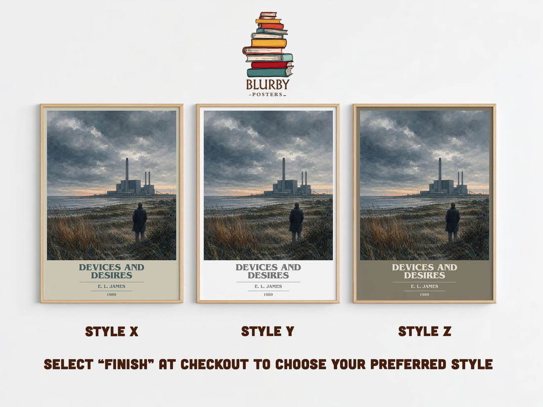 Devices and Desires book cover print in frame leaning in hallway – mystery wall art (mockup)