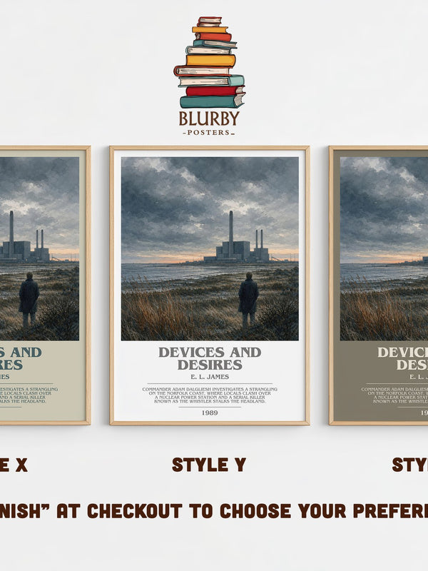 Devices and Desires bookish print in frame leaning in hallway – mystery wall art