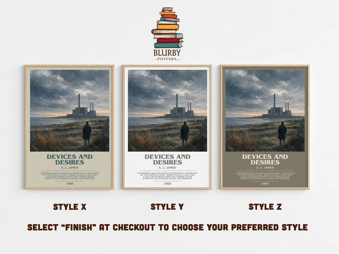 Devices and Desires bookish print in frame leaning in hallway – mystery wall art (mockup)