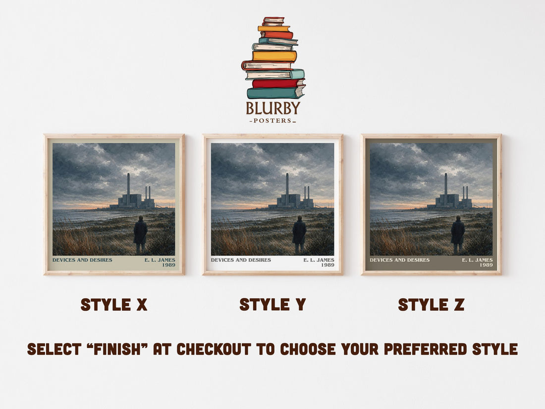 Devices and Desires literary print in frame leaning in hallway – mystery wall art (mockup)
