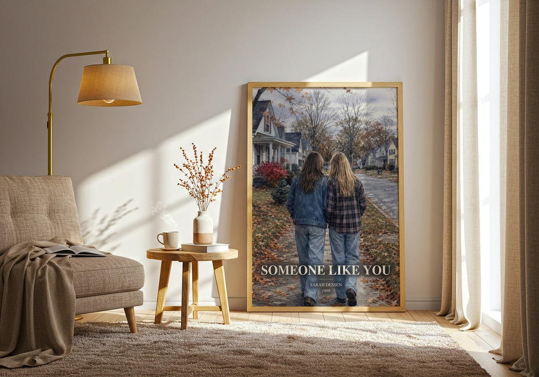 Someone Like You watercolour print in frame leaning in hallway – young adult wall art (mockup)