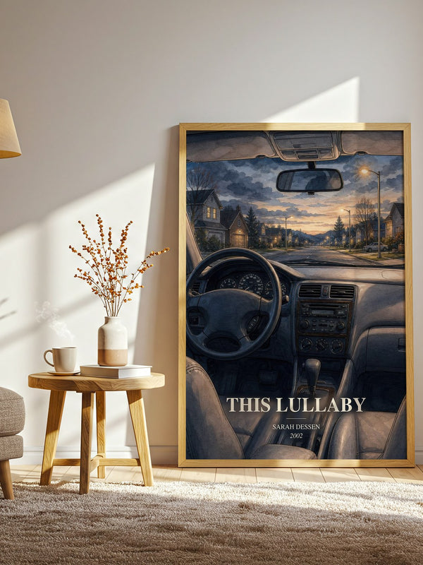 This Lullaby watercolour print in frame leaning in hallway – young adult wall art
