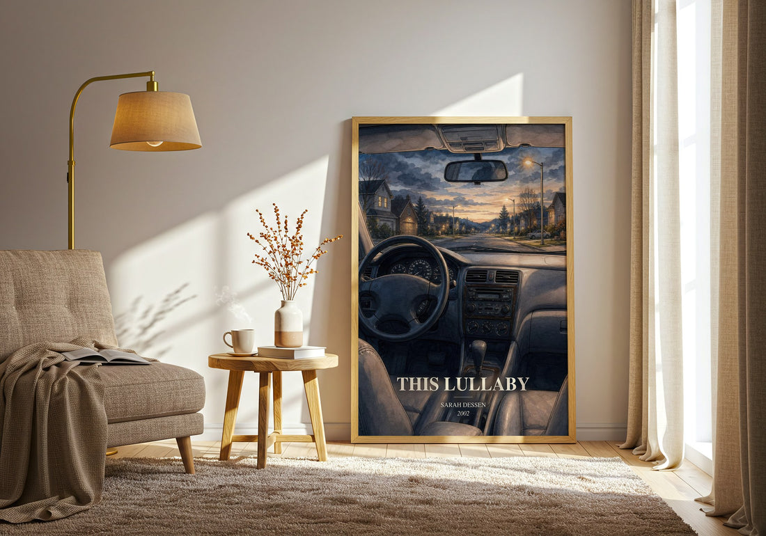 This Lullaby watercolour print in frame leaning in hallway – young adult wall art (mockup)