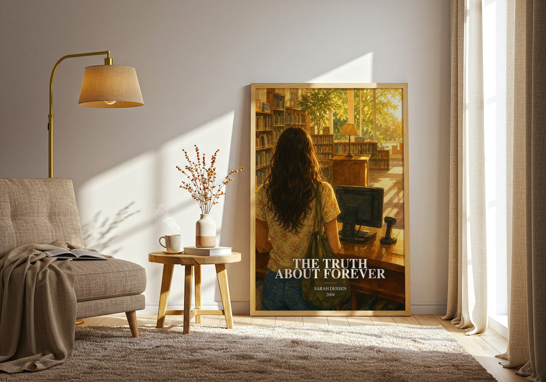 The Truth About Forever watercolour print in frame leaning in hallway – young adult wall art (mockup)