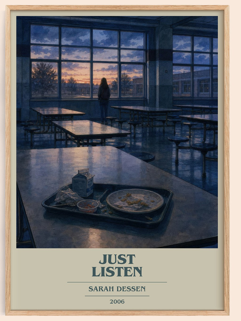 Just Listen book cover book poster by Sarah Dessen – framed literary art print