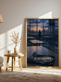 Just Listen watercolour print in frame leaning in hallway – young adult wall art