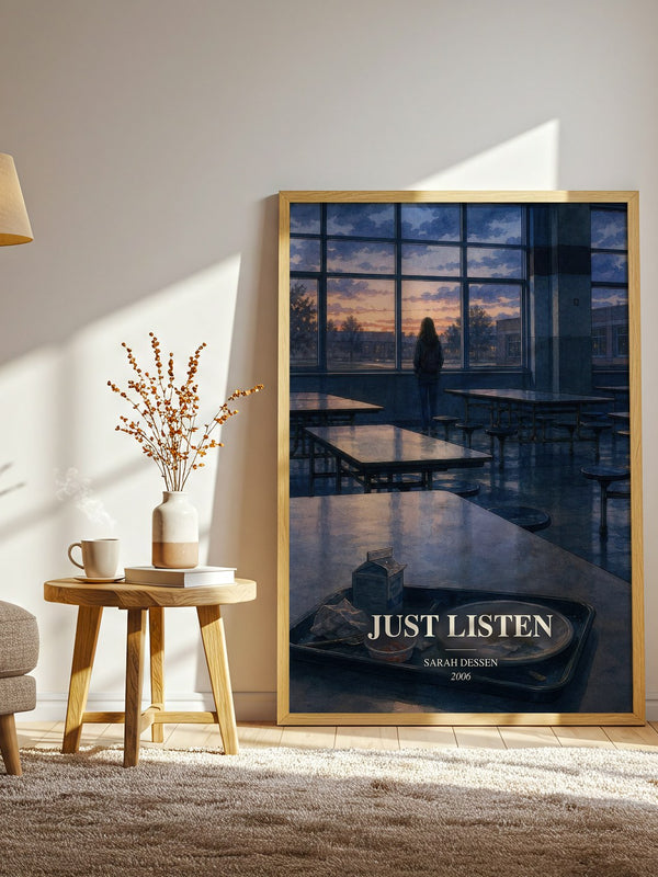 Just Listen watercolour print in frame leaning in hallway – young adult wall art