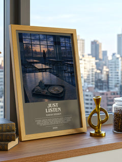 Just Listen bookish print framed by window – literary home decor