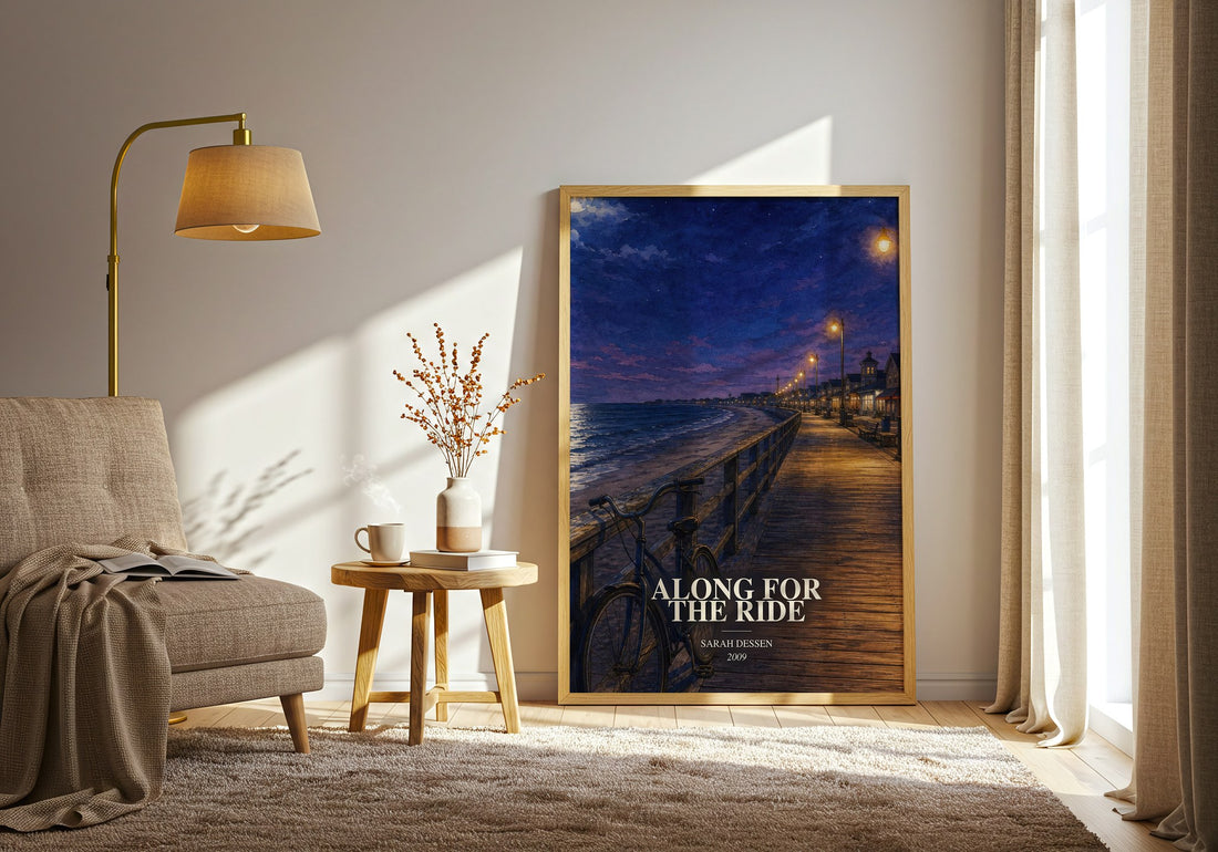 Along for the Ride watercolour print in frame leaning in hallway – young adult wall art (mockup)