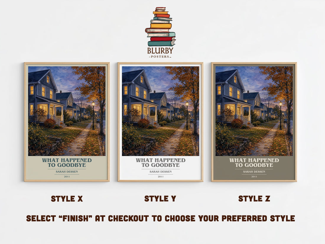 What Happened to Goodbye book cover print in frame leaning in hallway – young adult wall art (mockup)