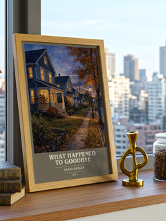 What Happened to Goodbye book cover print framed by window – literary home decor