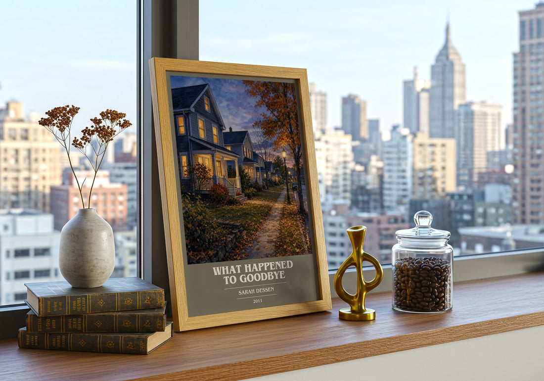 What Happened to Goodbye book cover print framed by window – literary home decor