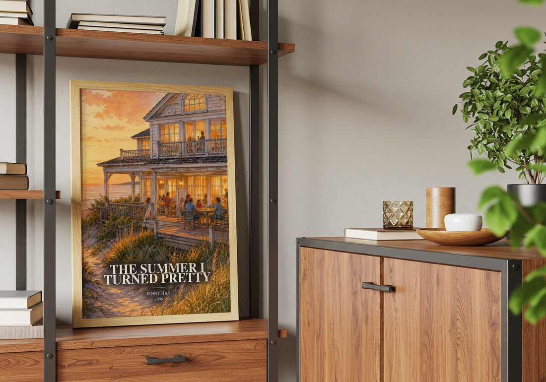 The Summer I Turned Pretty Book Watercolour Illustration by Jenny Han – framed print on a shelf by a wooden cabinet