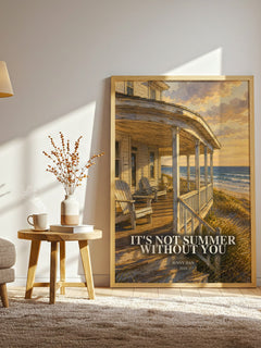 It's Not Summer Without You watercolour print in frame leaning in hallway – young adult wall art