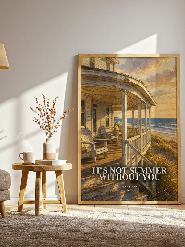 It's Not Summer Without You watercolour print in frame leaning in hallway – young adult wall art