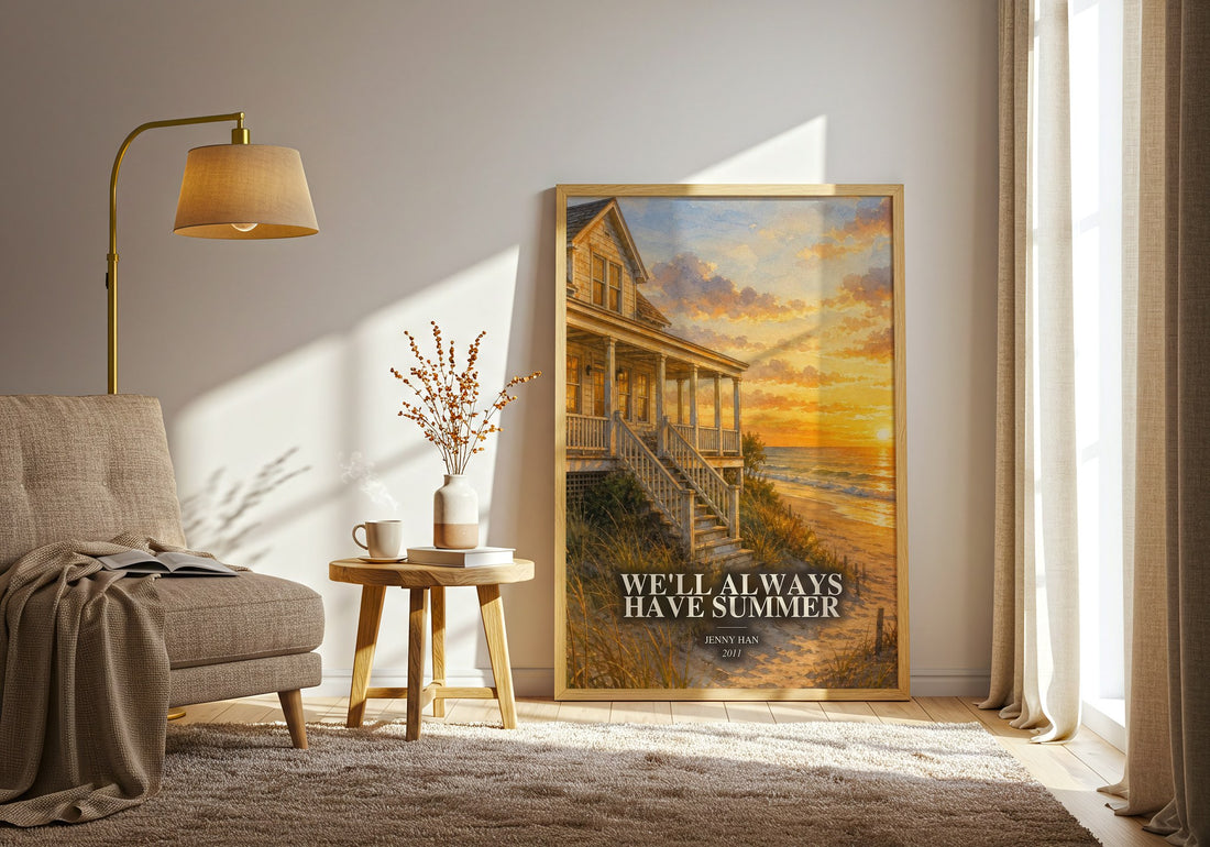 We'll Always Have Summer watercolour print in frame leaning in hallway – young adult wall art (mockup)