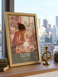 P.S. I Still Love You book cover print framed by window – literary home decor