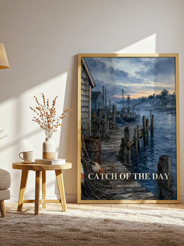 Catch of the Day watercolour print in frame leaning in hallway – romance wall art