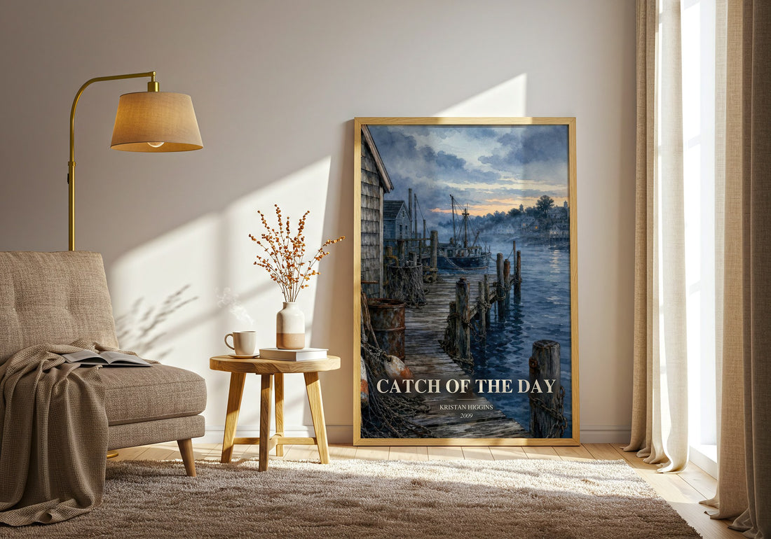 Catch of the Day watercolour print in frame leaning in hallway – romance wall art (mockup)