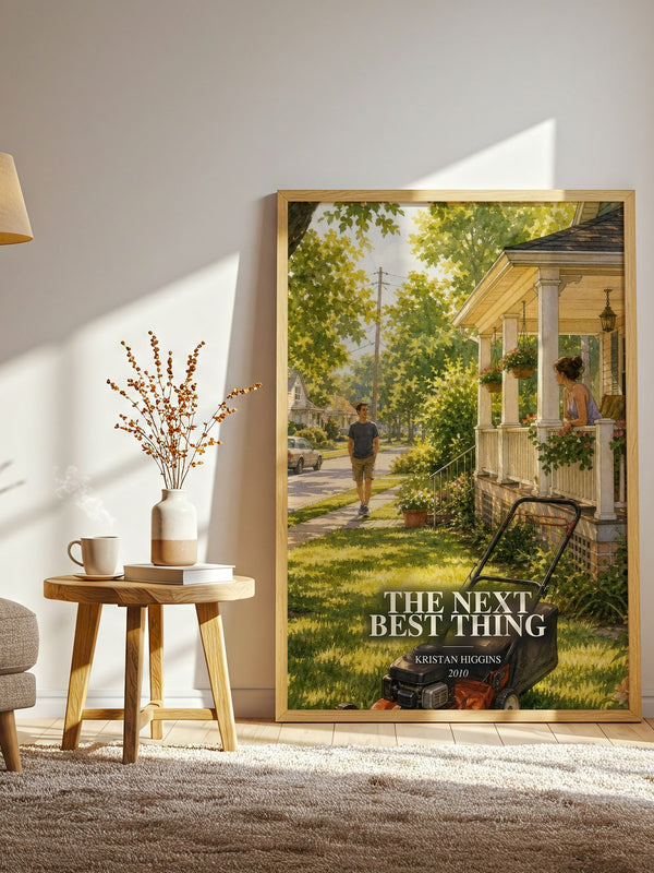 The Next Best Thing watercolour print in frame leaning in hallway – romance wall art