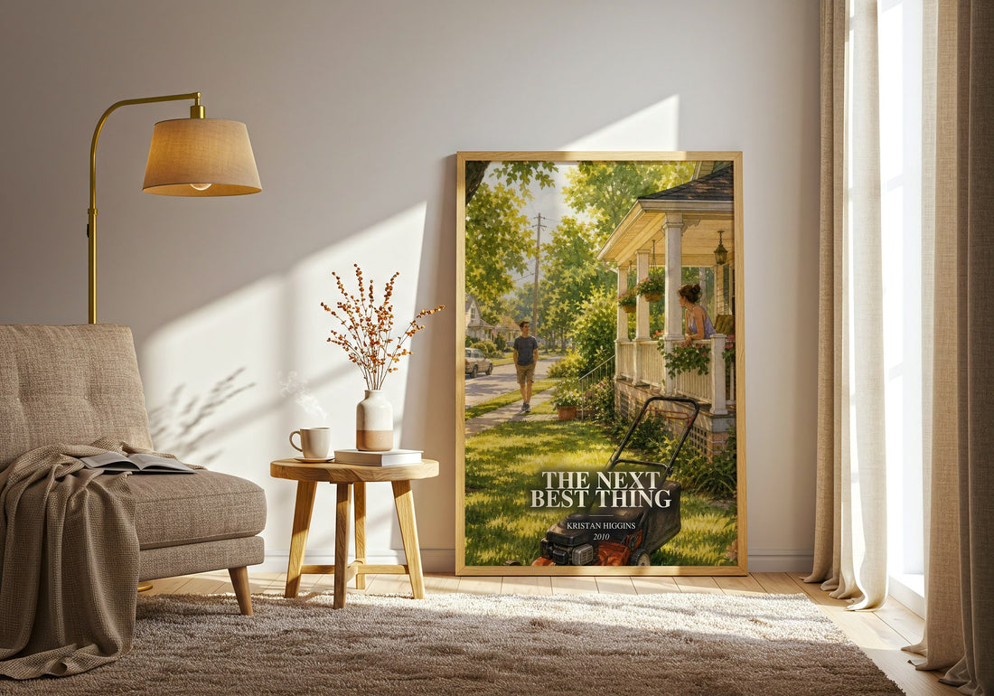 The Next Best Thing watercolour print in frame leaning in hallway – romance wall art (mockup)