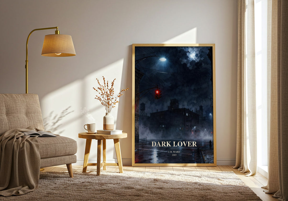 Dark Lover watercolour print in frame leaning in hallway – romance wall art (mockup)