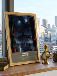 Dark Lover book cover print framed by window – literary home decor