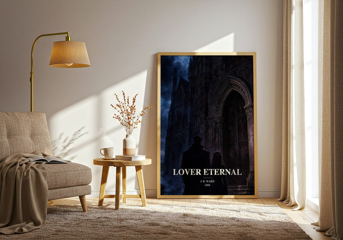 Lover Eternal watercolour print in frame leaning in hallway – romance wall art (mockup)