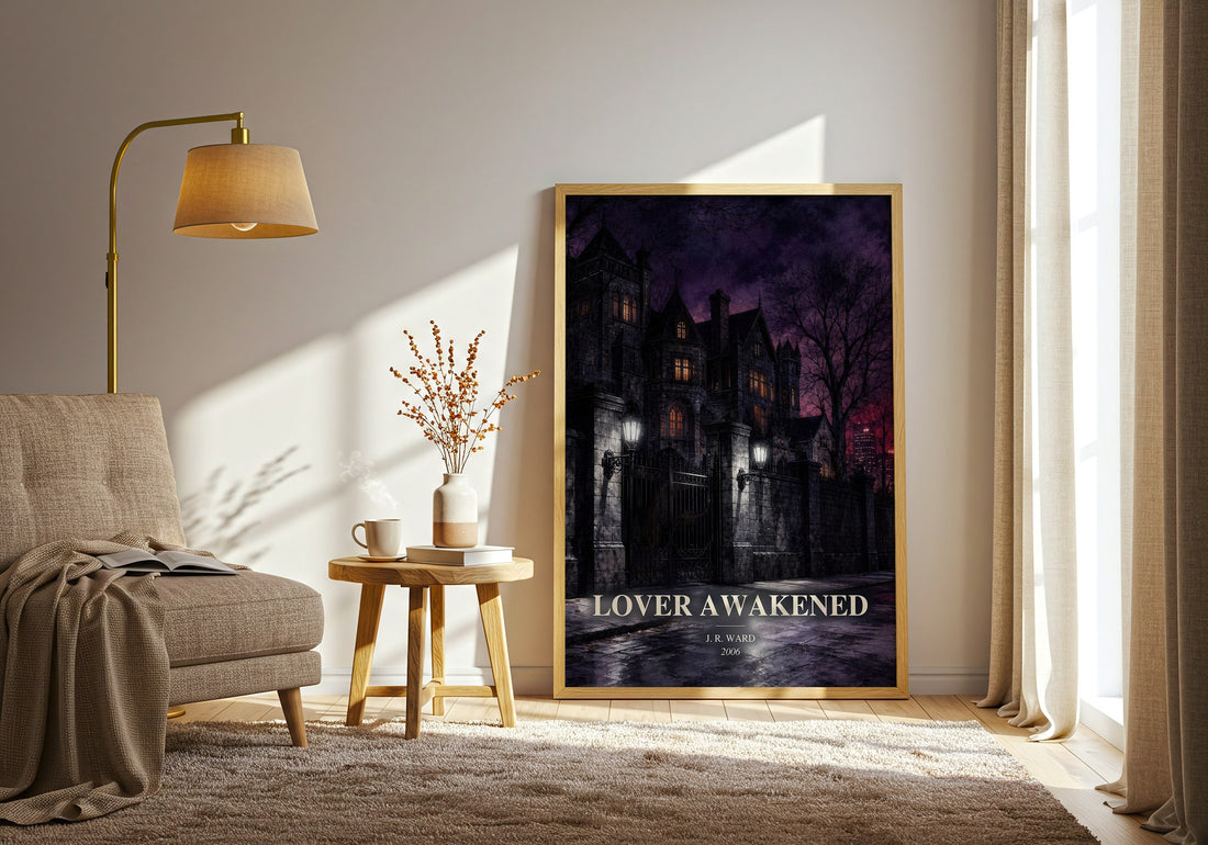 Lover Awakened watercolour print in frame leaning in hallway – romance wall art (mockup)