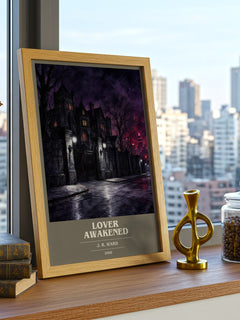 Lover Awakened book cover print framed by window – literary home decor