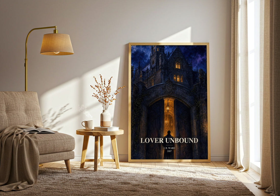 Lover Unbound watercolour print in frame leaning in hallway – romance wall art (mockup)