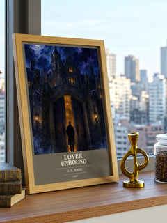 Lover Unbound book cover print framed by window – literary home decor