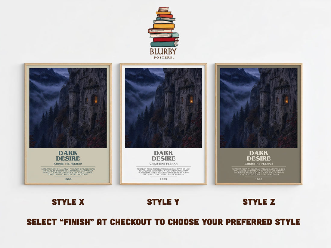 Dark Desire bookish print in frame leaning in hallway – romance wall art (mockup)