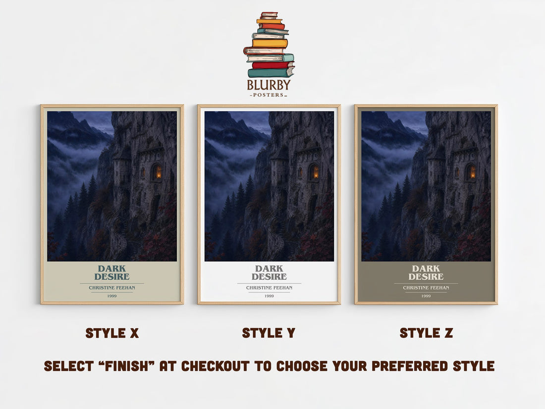 Dark Desire book cover print in frame leaning in hallway – romance wall art (mockup)