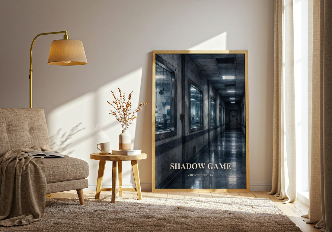 Shadow Game watercolour print in frame leaning in hallway – romance wall art (mockup)