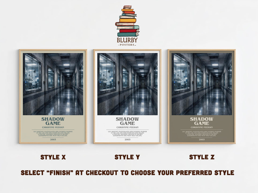 Shadow Game bookish print in frame leaning in hallway – romance wall art (mockup)