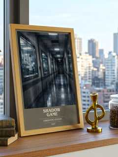 Shadow Game book cover print framed by window – literary home decor