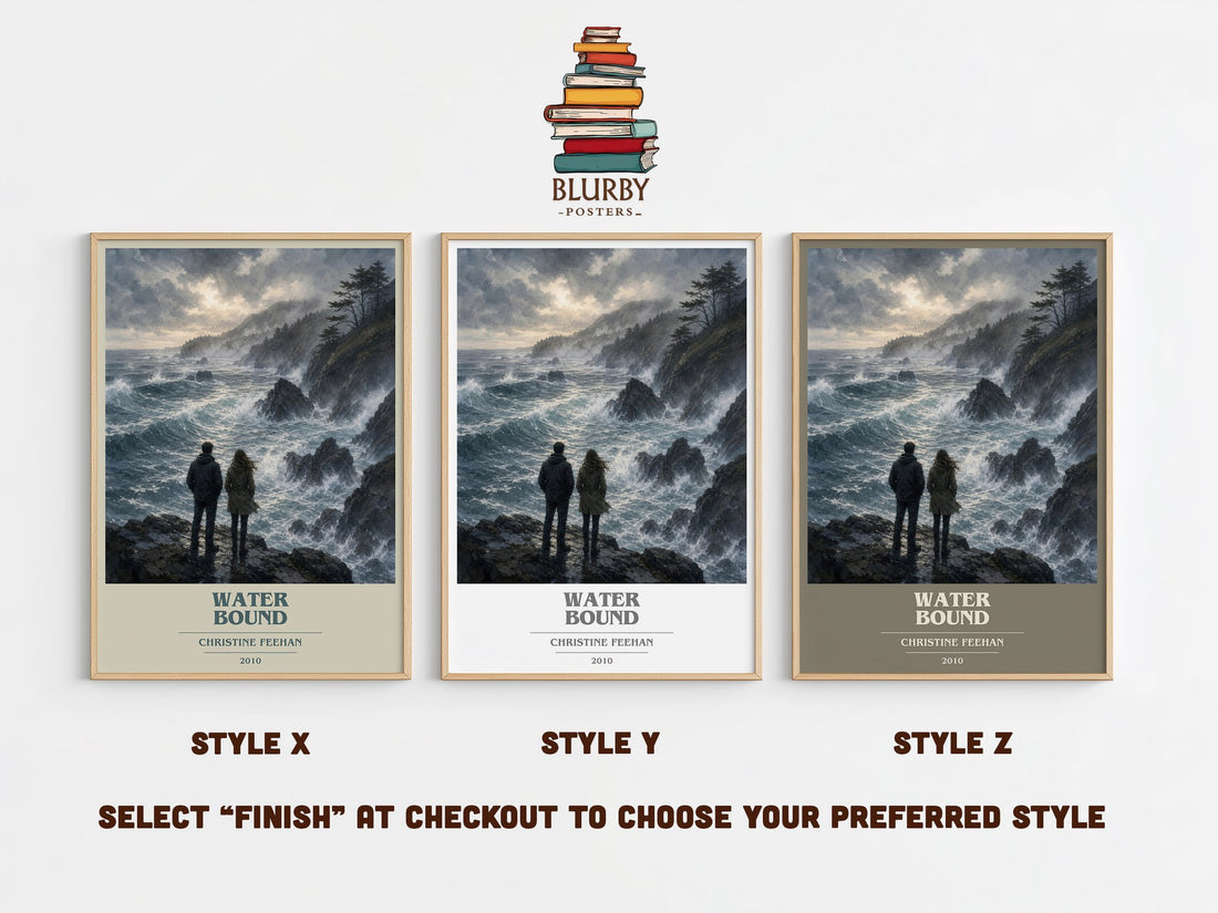 Water Bound book cover print in frame leaning in hallway – romance wall art (mockup)